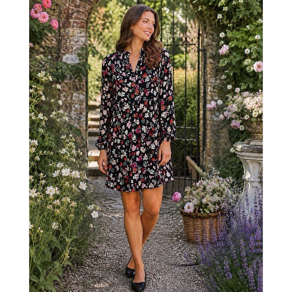 HOBBS London Seren Dress in Black Multi (USA 12) Black Floral Long Sleeve Mini